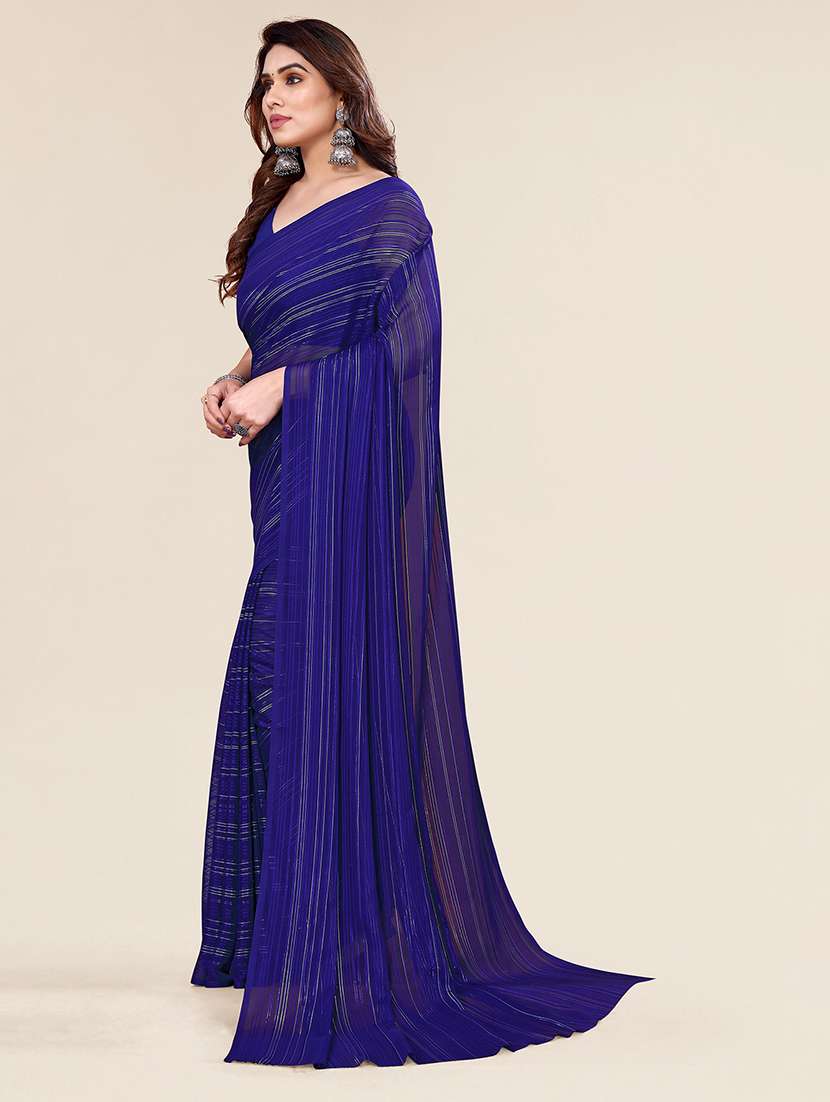 women striped plain saree with blouse - 22050039 -  Standard Image - 1