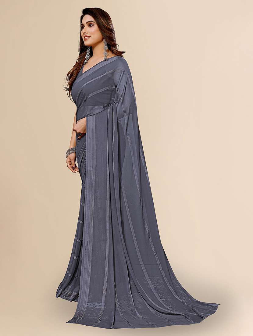 women striped plain saree with blouse - 22050047 -  Standard Image - 1