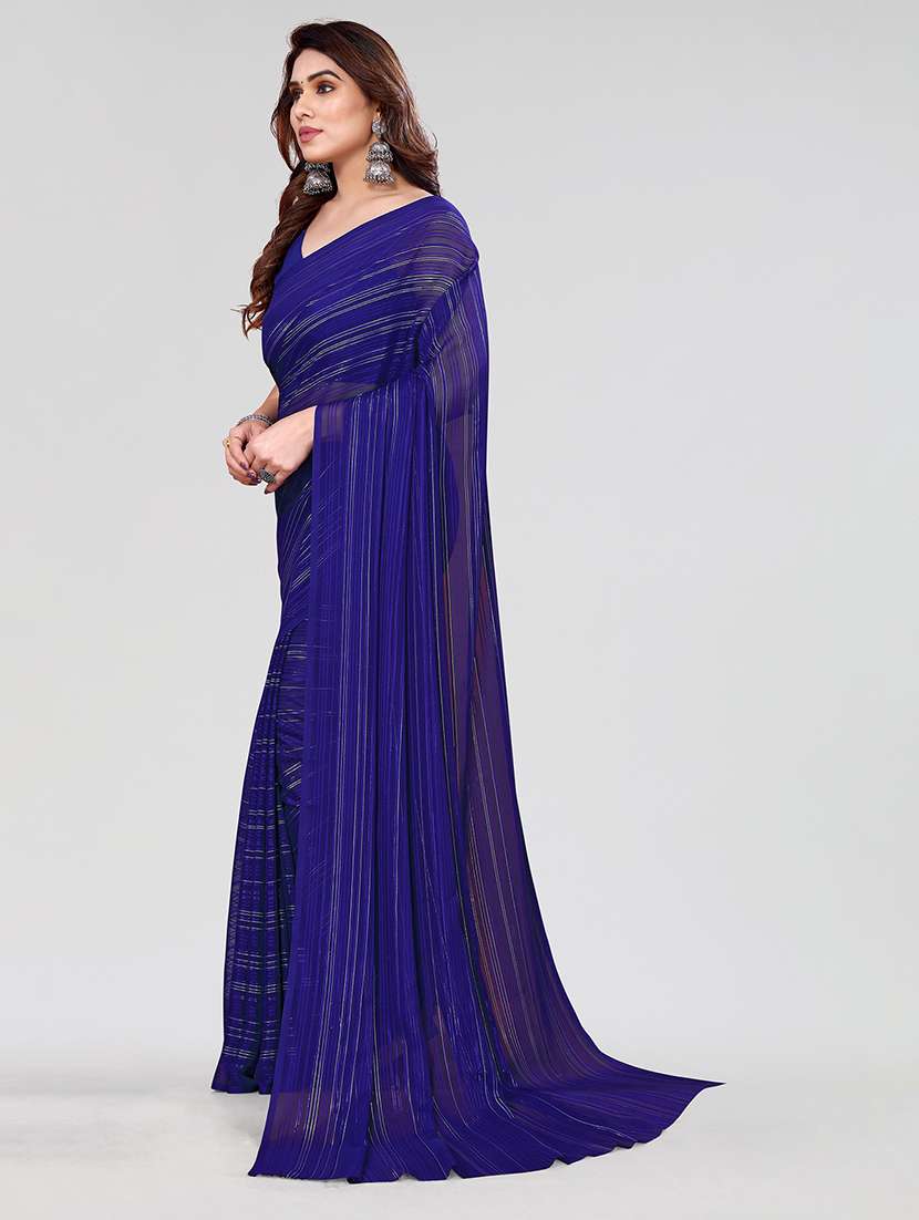 women striped plain saree with blouse - 22050170 -  Standard Image - 1