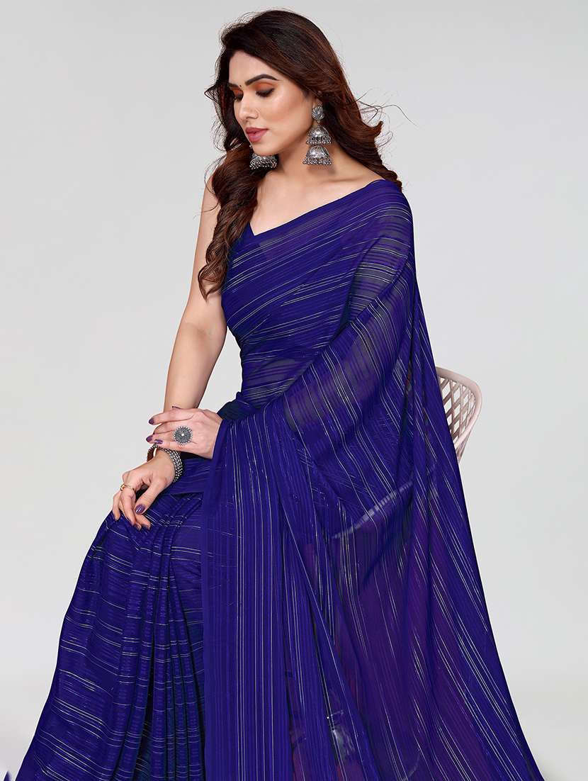women striped plain saree with blouse - 22050170 -  Standard Image - 4