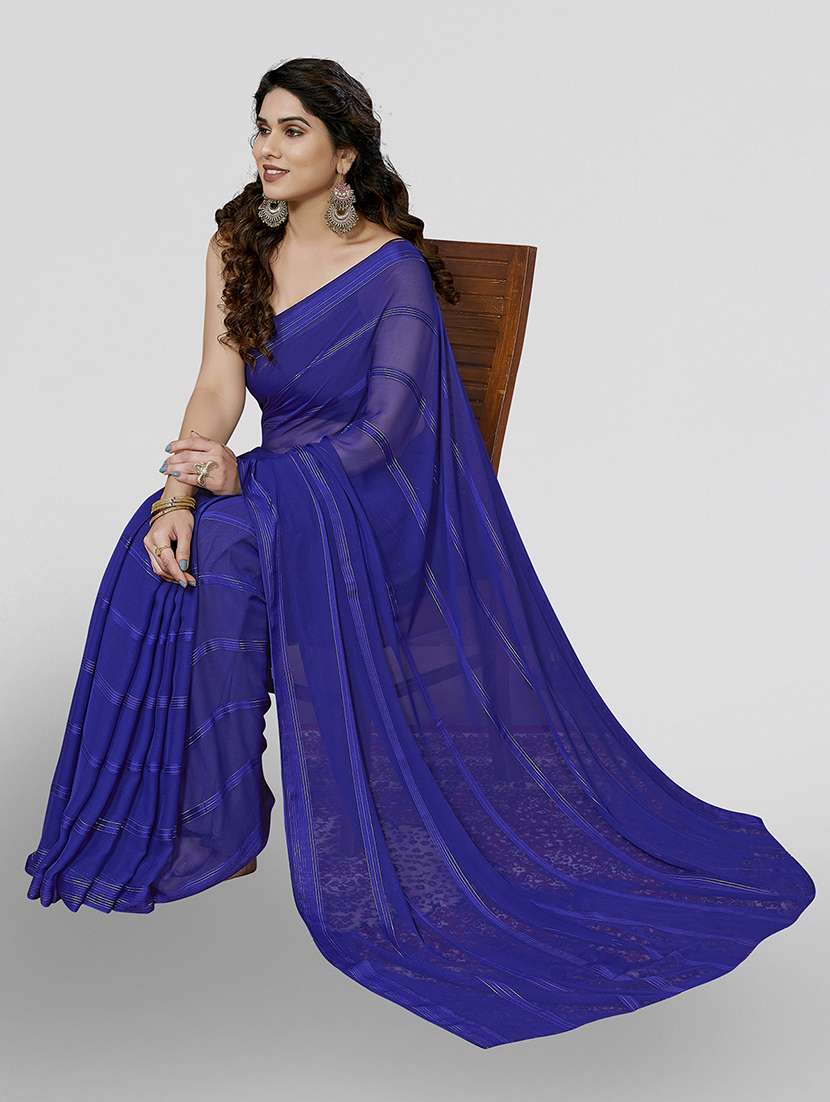women striped plain saree with blouse - 22050179 -  Standard Image - 1