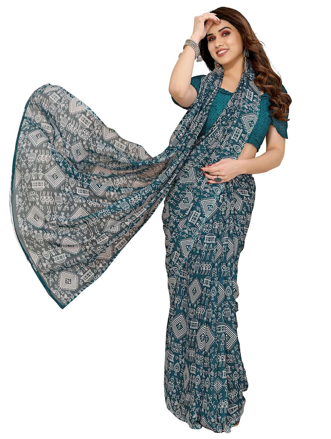 women printed casual wear saree with blouse - 22050197 -  Standard Image - 1