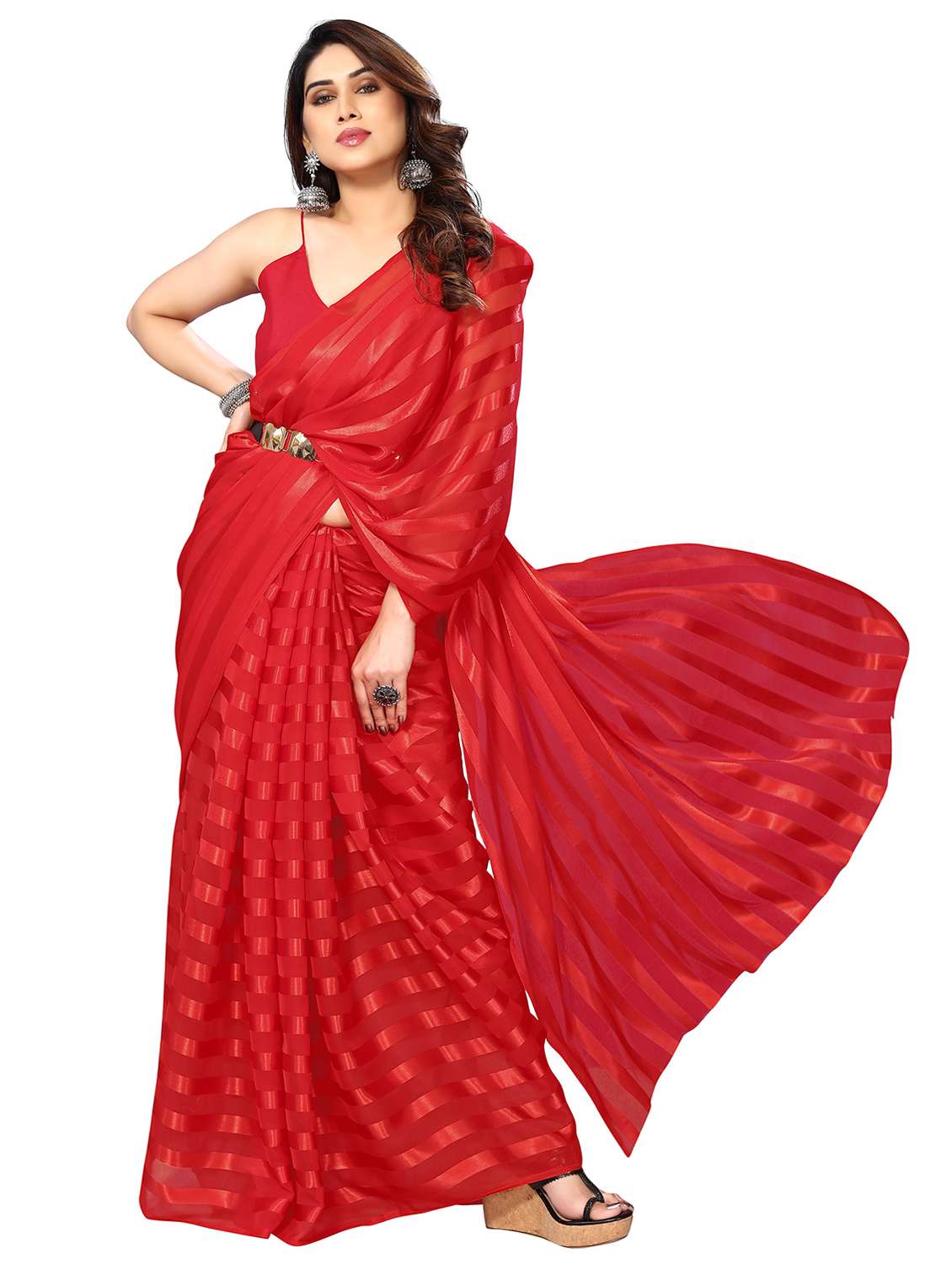 women striped plain saree with blouse - 22050225 -  Standard Image - 1