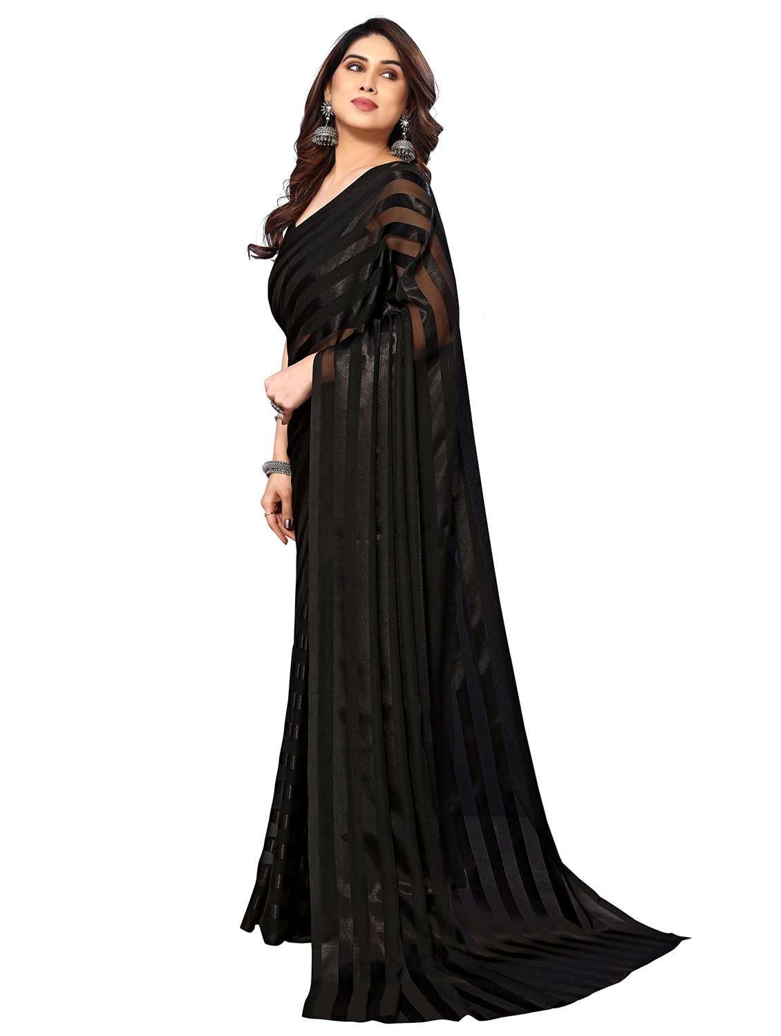 women striped plain saree with blouse - 22050226 -  Standard Image - 1