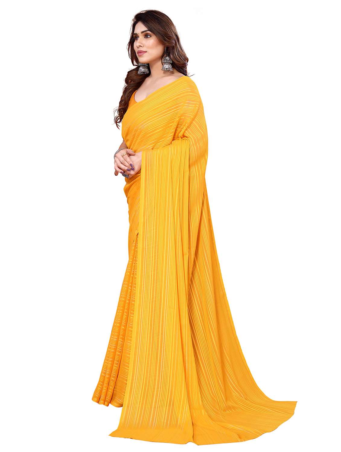 women striped plain saree with blouse - 22050241 -  Standard Image - 1