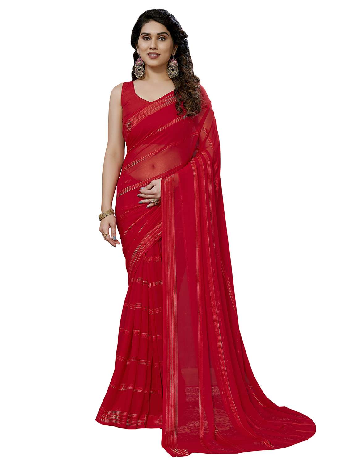 women striped plain saree with blouse