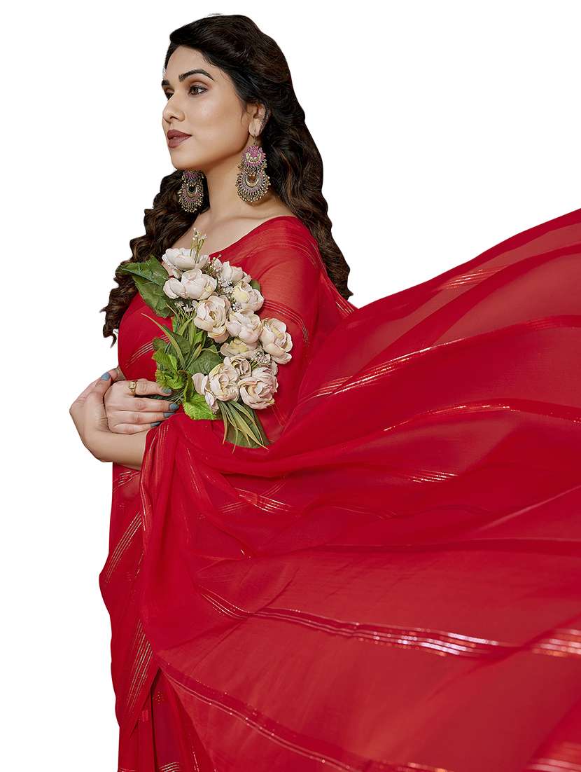 women striped plain saree with blouse - 22050251 -  Standard Image - 4