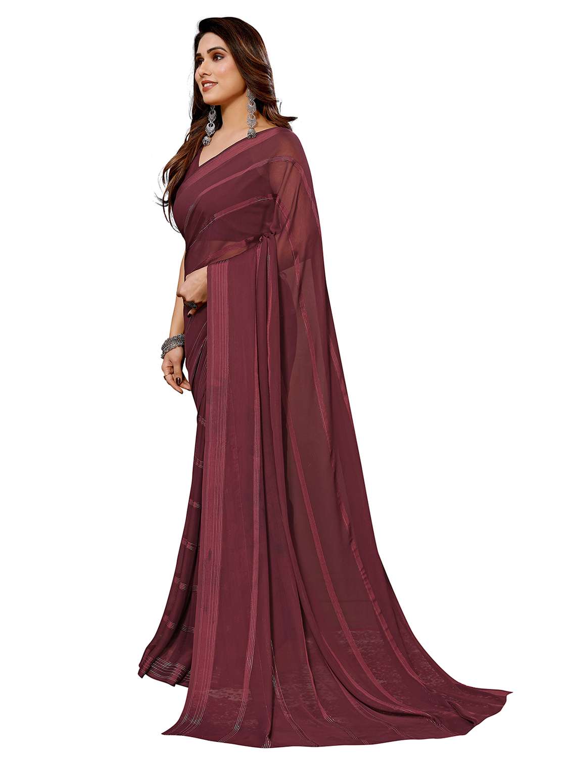 women striped plain saree with blouse - 22050252 -  Standard Image - 1