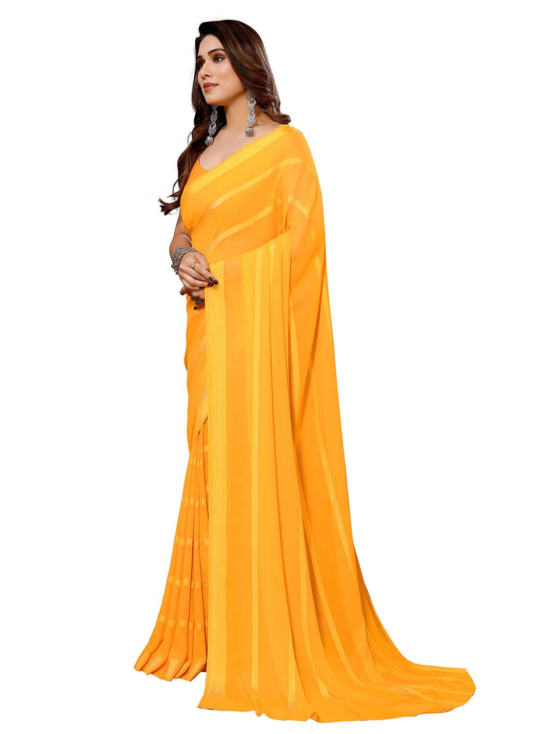 women striped plain saree with blouse - 22050253 -  Standard Image - 1