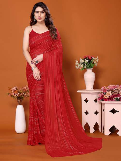 women striped plain saree with blouse - 22050314 -  Standard Image - 0