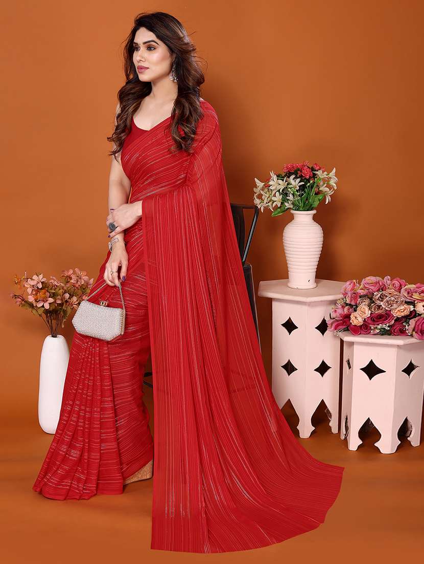 women striped plain saree with blouse - 22050314 -  Standard Image - 1