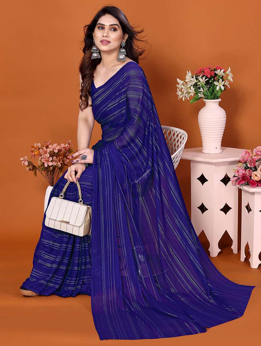 women striped plain saree with blouse - 22050316 -  Standard Image - 1