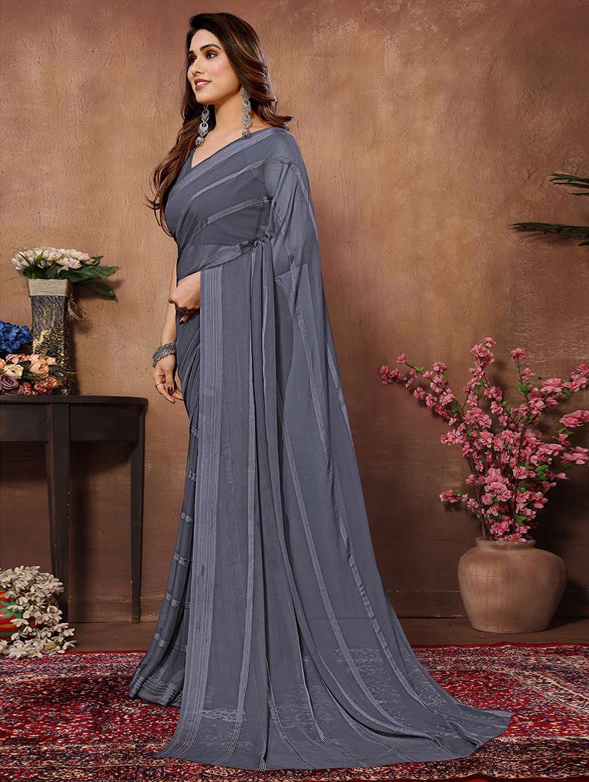 women striped plain saree with blouse - 22050325 - Standard Image - 1
