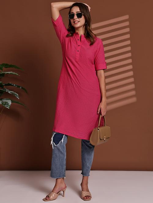 women striped roll up sleeve straight kurta - 22051694 - Standard Image - 0