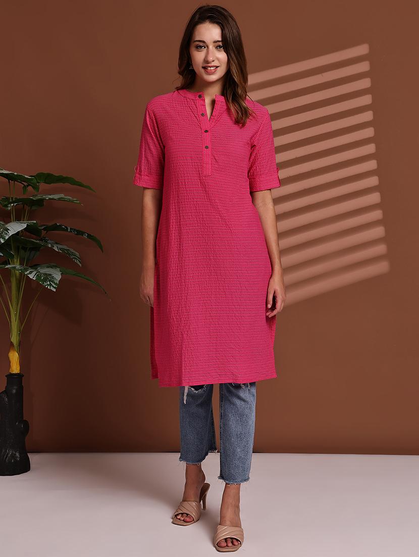 women striped roll up sleeve straight kurta - 22051694 - Standard Image - 1