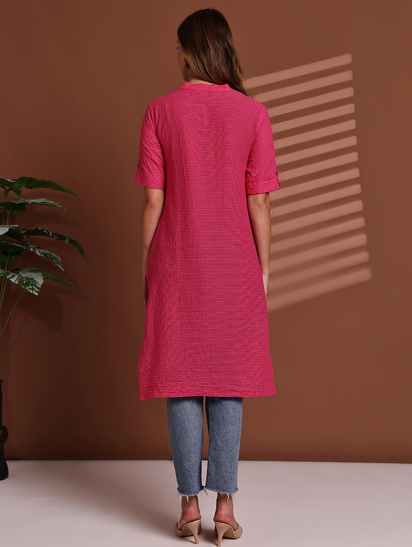women striped roll up sleeve straight kurta - 22051694 - Standard Image - 4