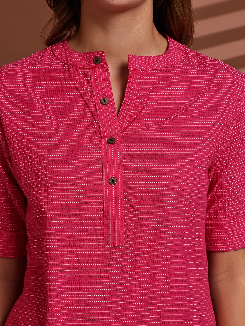 women striped roll up sleeve straight kurta - 22051694 - Standard Image - 6