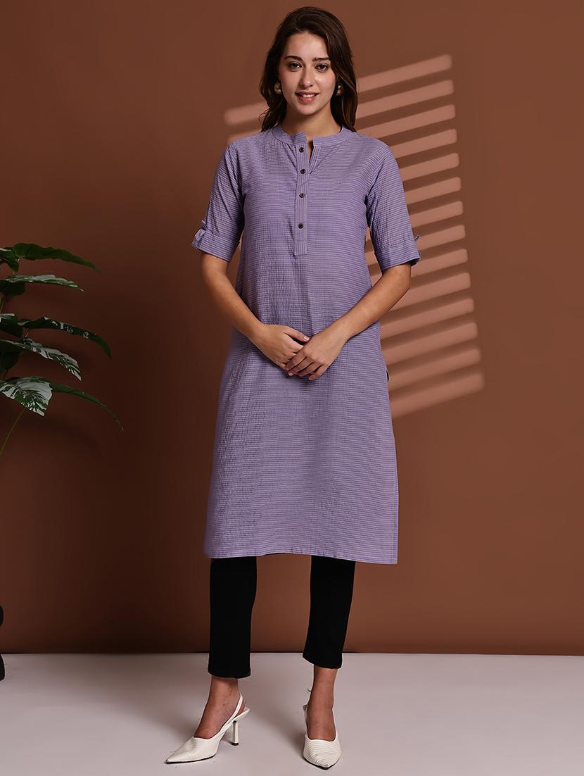 women striped roll up sleeve straight kurta - 22051695 - Standard Image - 1