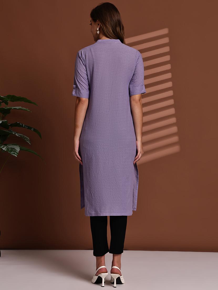 women striped roll up sleeve straight kurta - 22051695 - Standard Image - 4