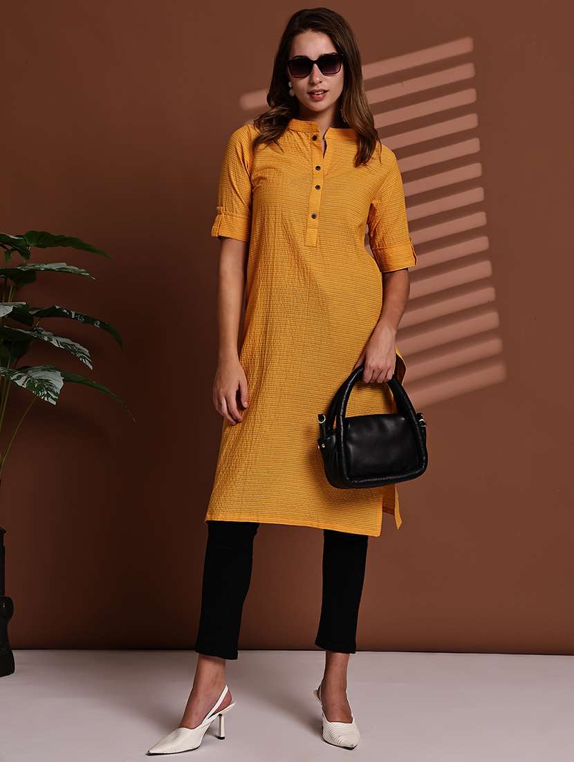 women striped roll up sleeve straight kurta