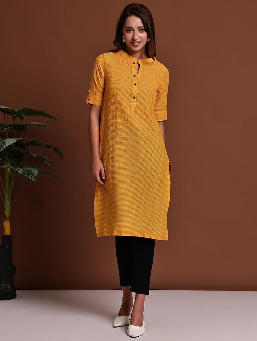women striped roll up sleeve straight kurta - 22051697 -  Standard Image - 1