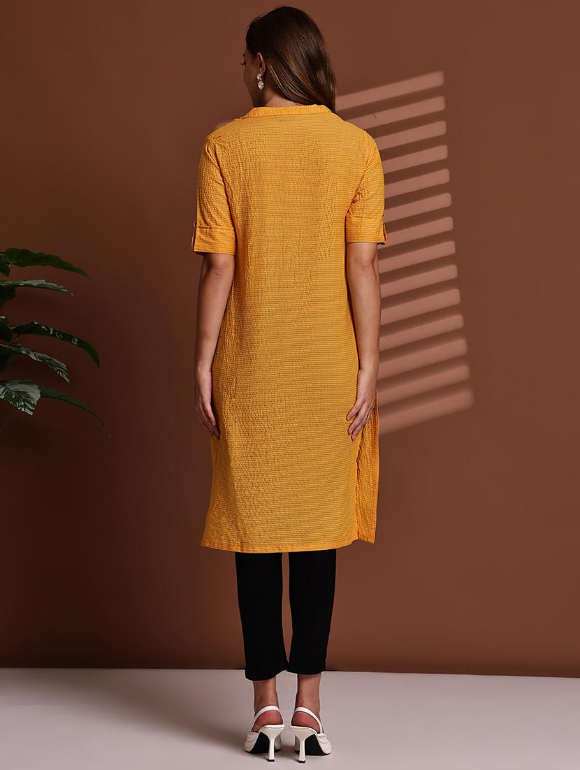women striped roll up sleeve straight kurta - 22051697 - Standard Image - 4