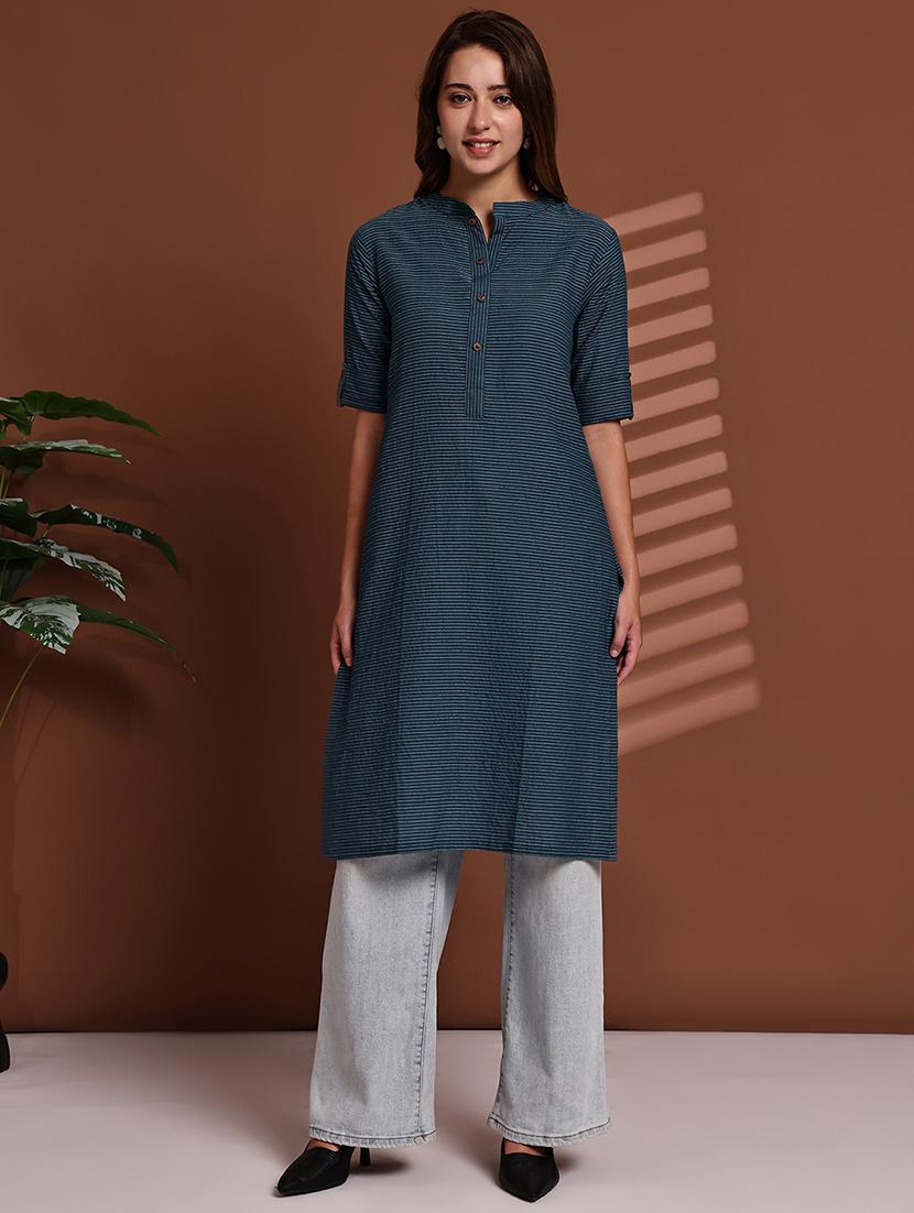 women striped roll up sleeve straight kurta - 22051698 - Standard Image - 1