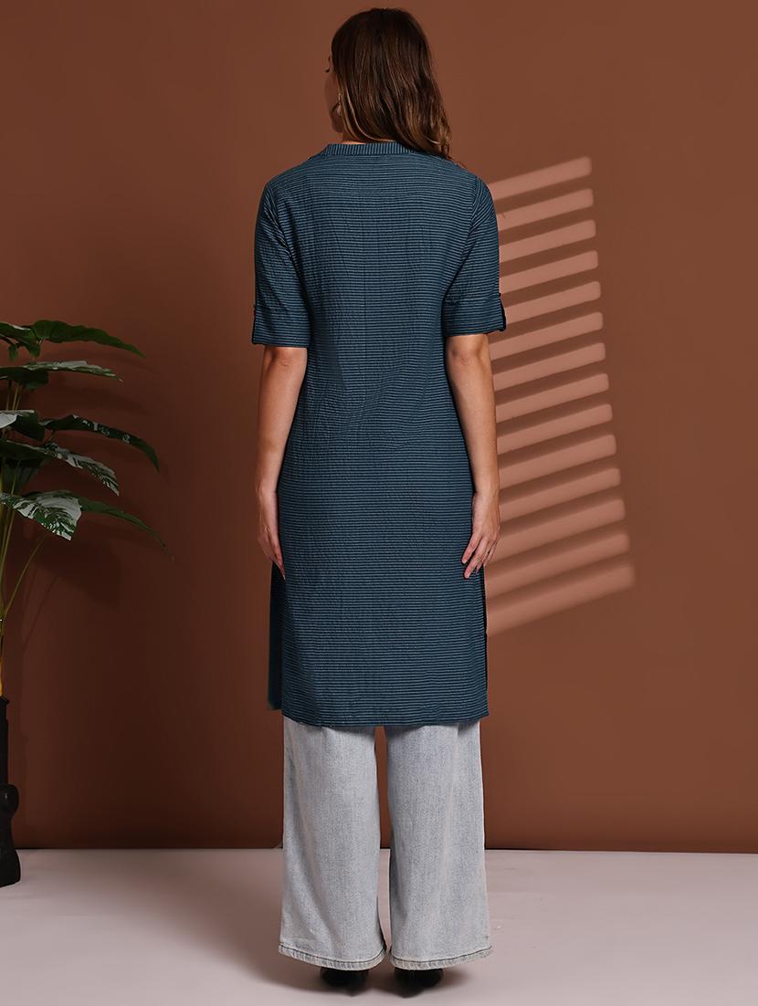 women striped roll up sleeve straight kurta - 22051698 - Standard Image - 4