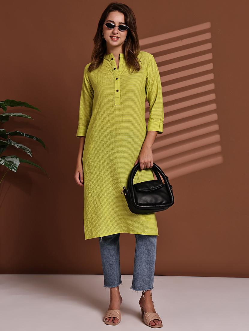 women striped roll up sleeve straight kurta - 22051699 - Zoom Image - 0