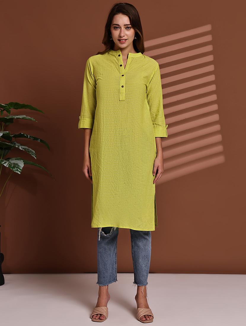 women striped roll up sleeve straight kurta - 22051699 - Standard Image - 1