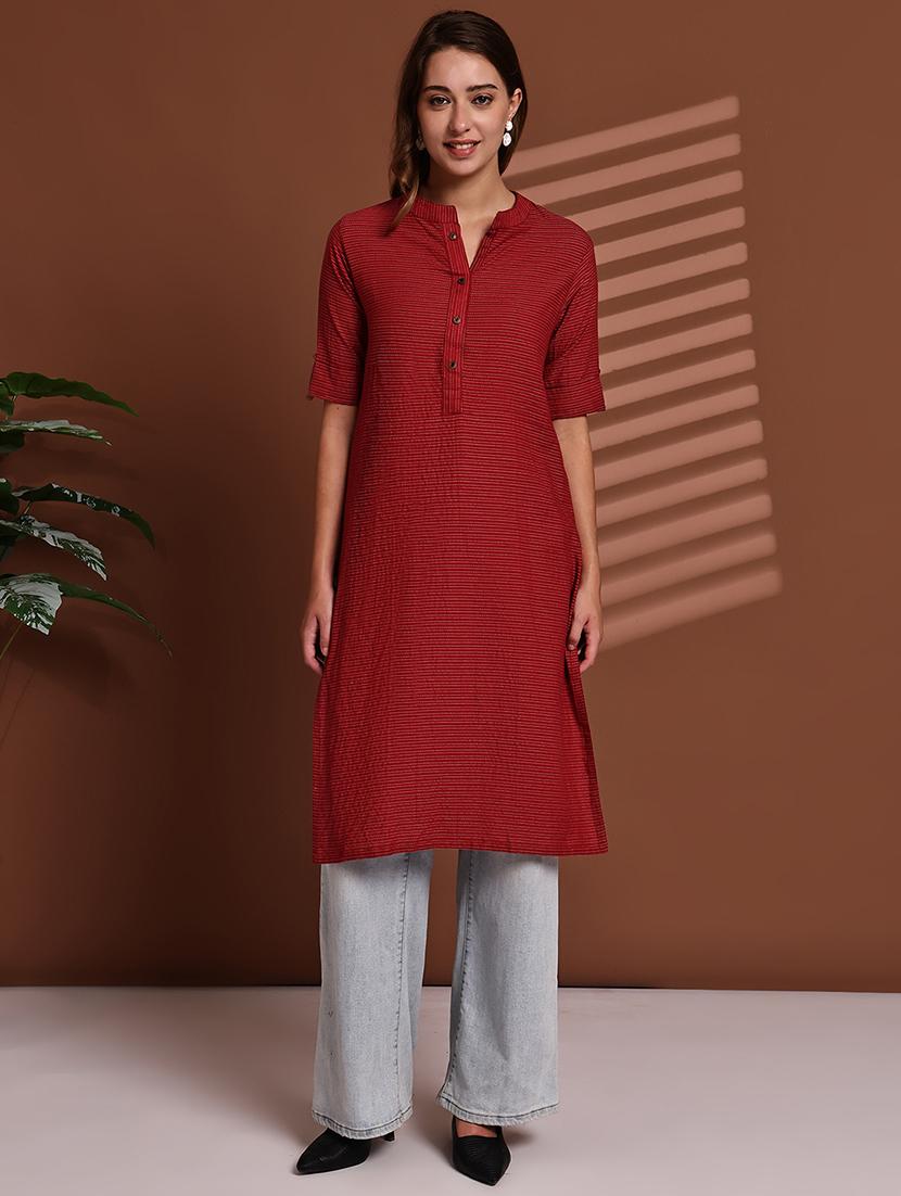 women striped roll up sleeve straight kurta - 22051700 - Standard Image - 1