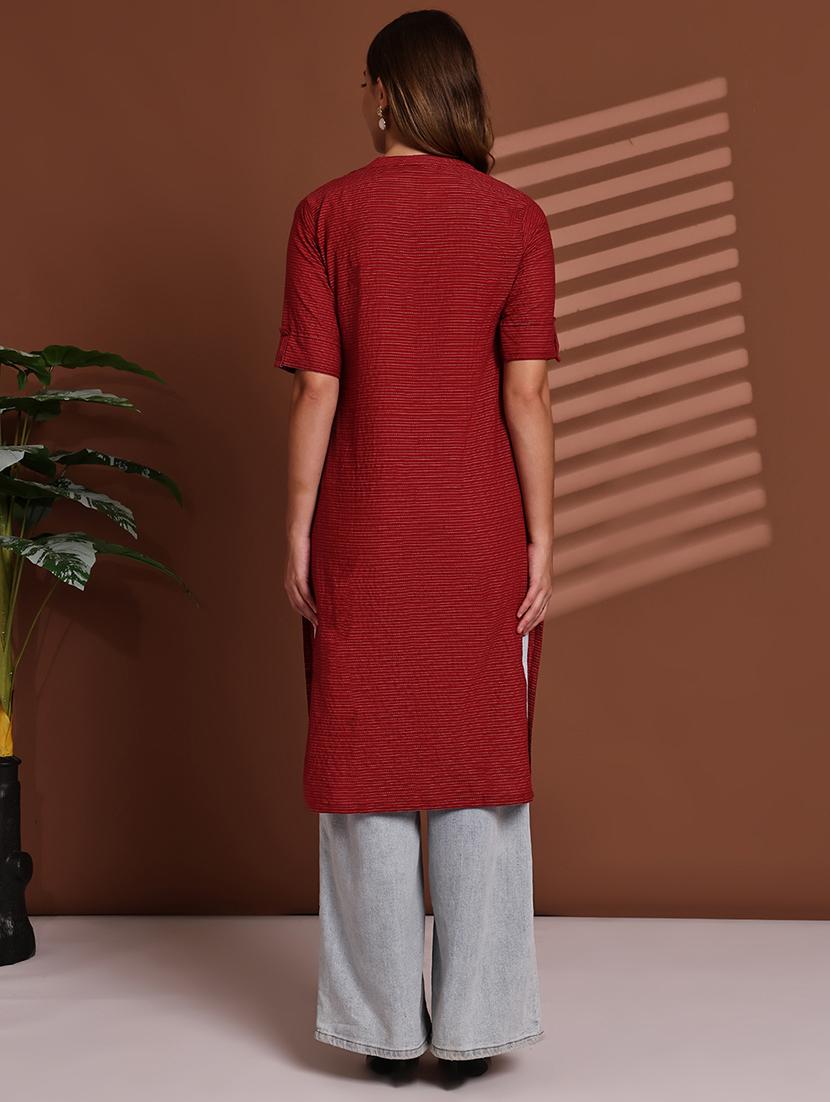 women striped roll up sleeve straight kurta - 22051700 - Standard Image - 4