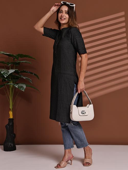 women striped roll up sleeve straight kurta - 22051701 -  Standard Image - 0