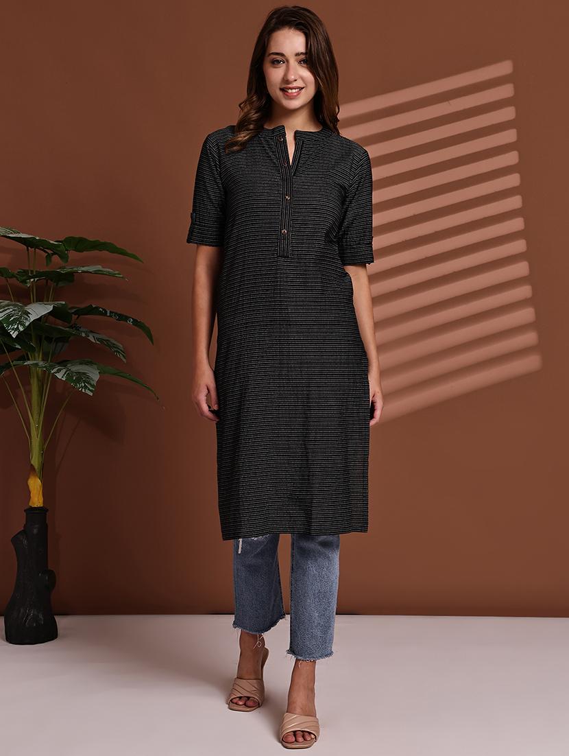 women striped roll up sleeve straight kurta - 22051701 - Standard Image - 1
