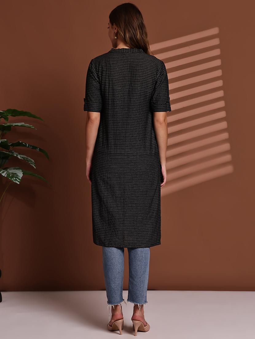 women striped roll up sleeve straight kurta - 22051701 - Standard Image - 4