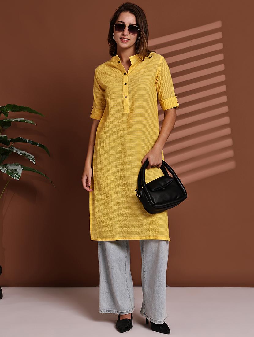 women striped roll up sleeve straight kurta - 22051702 - Zoom Image - 0