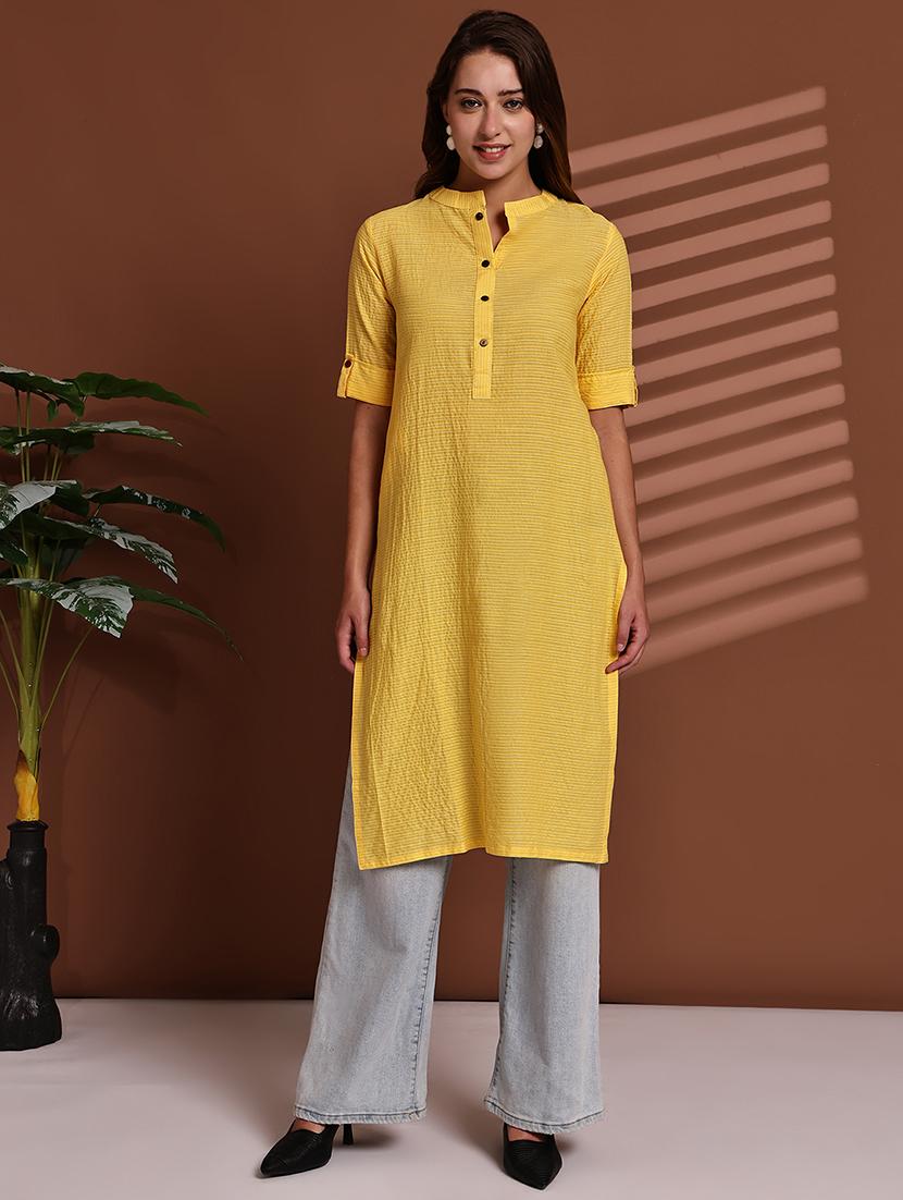 women striped roll up sleeve straight kurta - 22051702 - Standard Image - 1