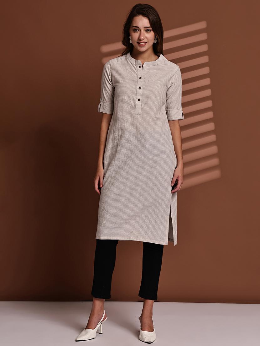 women striped roll up sleeve straight kurta - 22051703 - Standard Image - 1