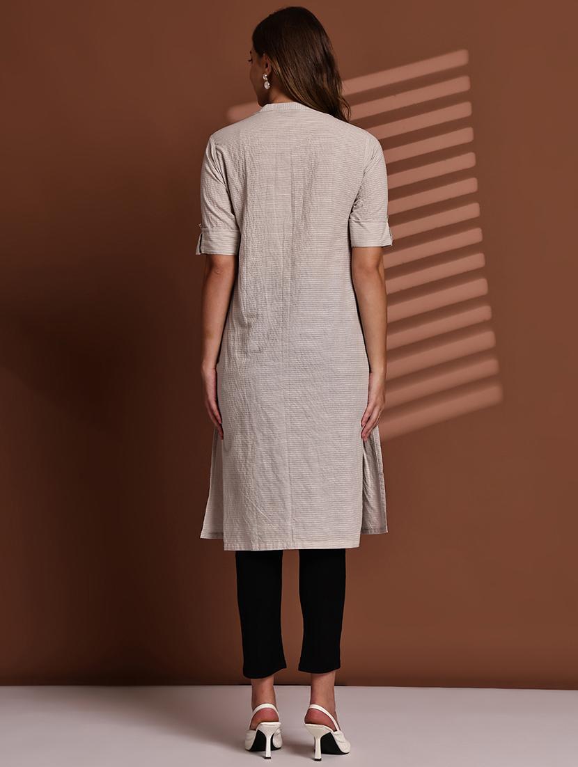 women striped roll up sleeve straight kurta - 22051703 - Standard Image - 4