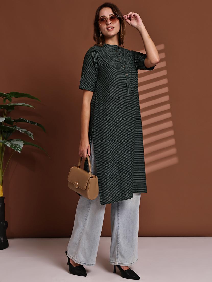 women striped roll up sleeve straight kurta