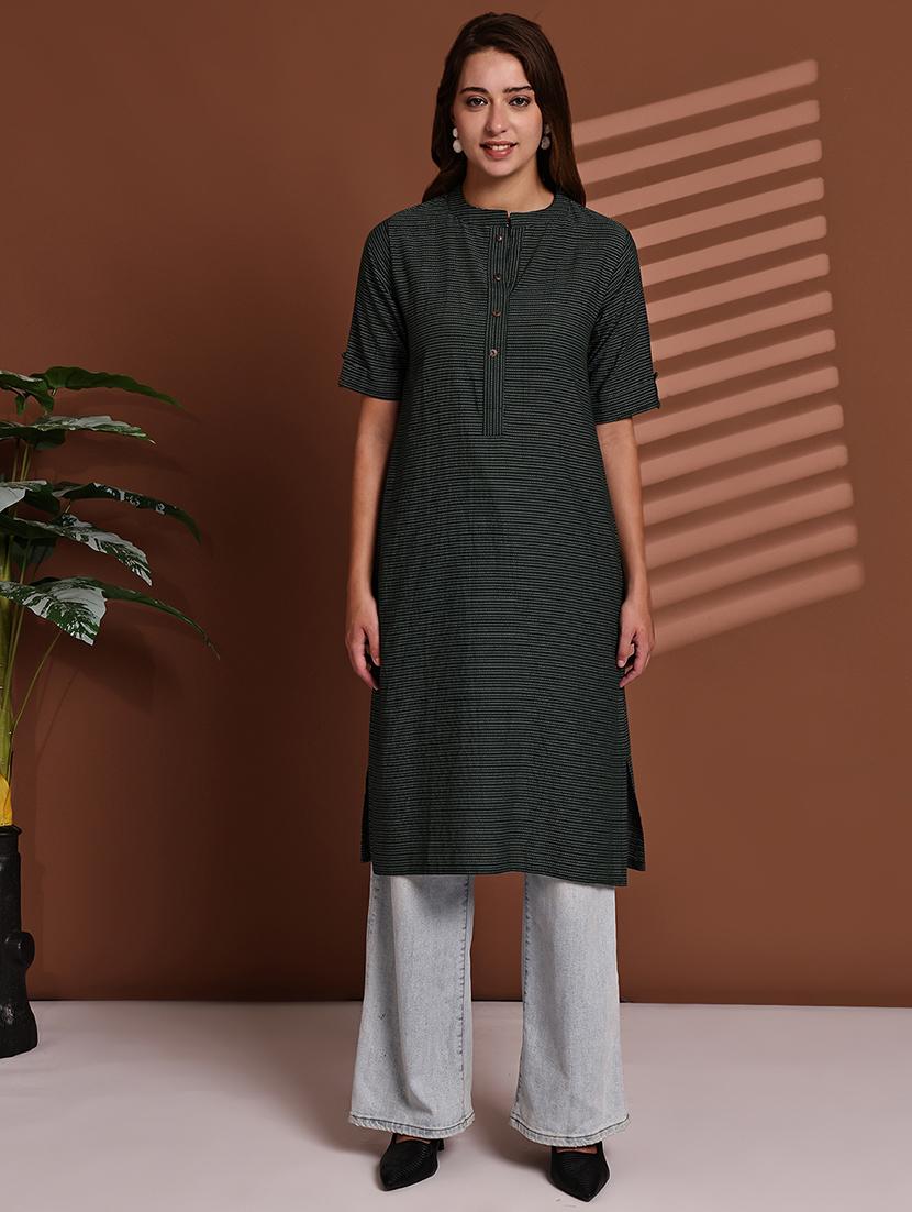women striped roll up sleeve straight kurta - 22051704 - Standard Image - 1