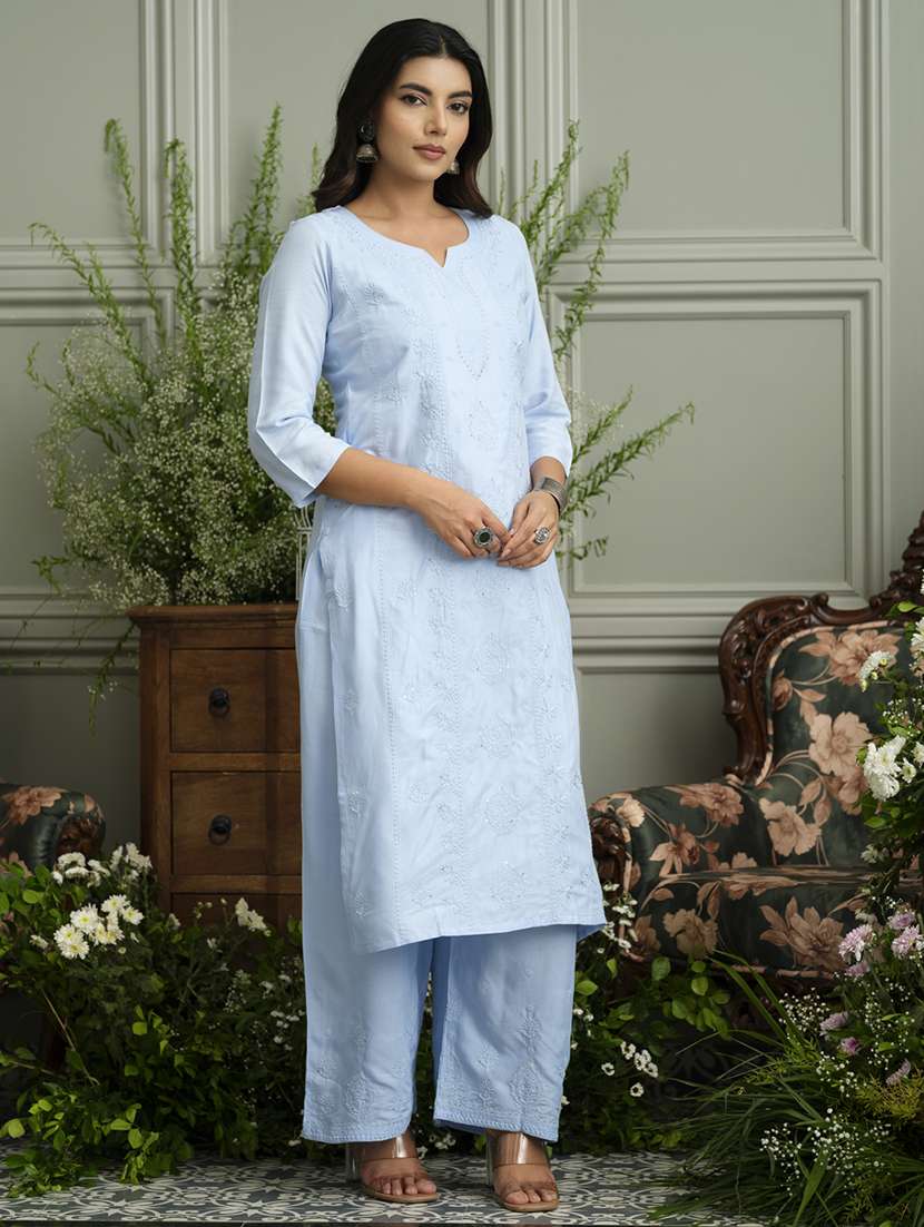 women solid with work three quarter sleeve kurta palazzo set  - 22051755 -  Standard Image - 1