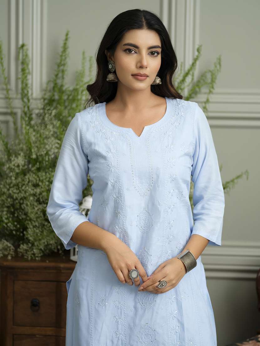 women solid with work three quarter sleeve kurta palazzo set  - 22051755 -  Standard Image - 4