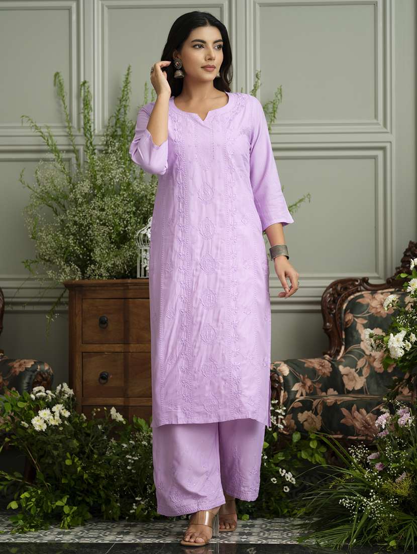 women solid with work three quarter sleeve kurta palazzo set - 22051756 -  Standard Image - 1