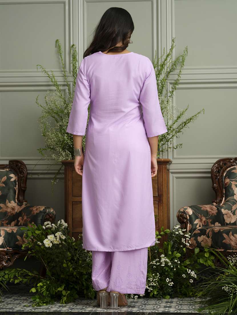 women solid with work three quarter sleeve kurta palazzo set - 22051756 -  Standard Image - 4