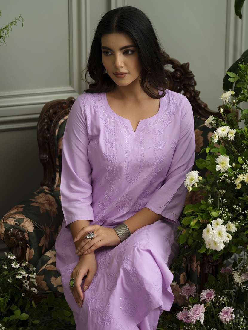 women solid with work three quarter sleeve kurta palazzo set - 22051756 -  Standard Image - 6