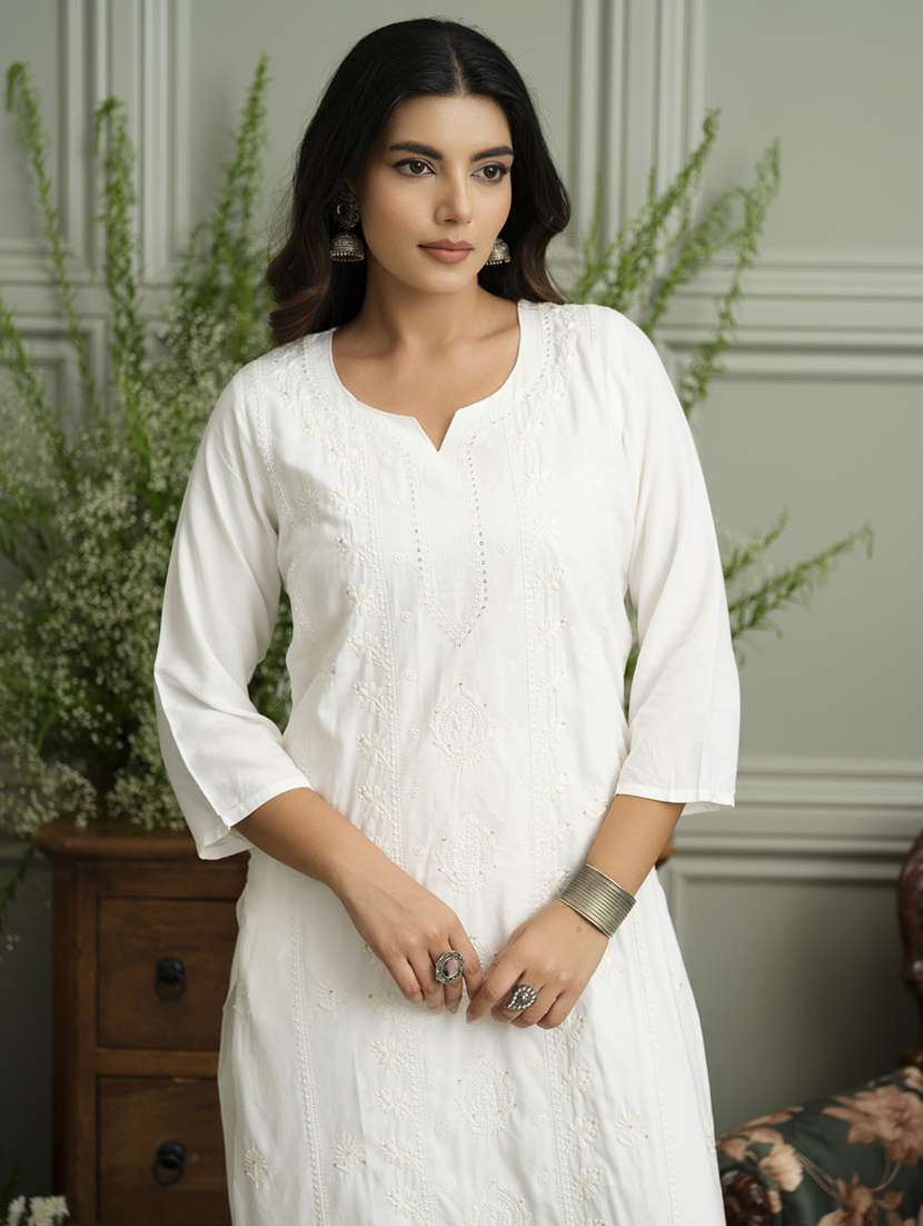 women solid with work three quarter sleeve kurta palazzo set - 22051757 -  Standard Image - 4