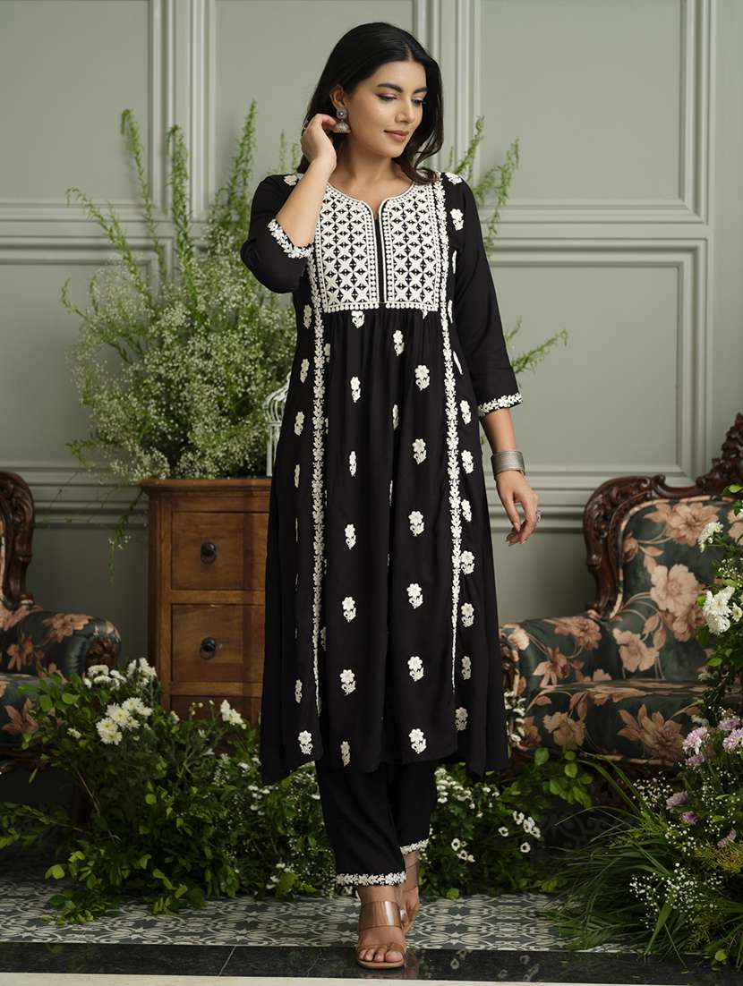 women solid with work three quarter sleeve kurta pant set - 22051758 -  Standard Image - 1