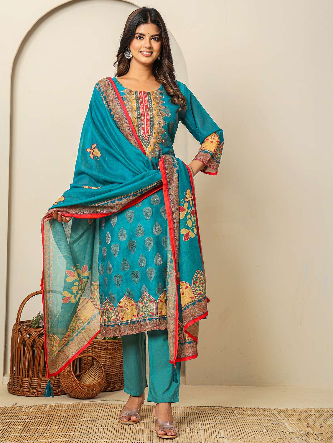 women three quarter sleeve kurta pant with dupatta set - 22051761 -  Standard Image - 1