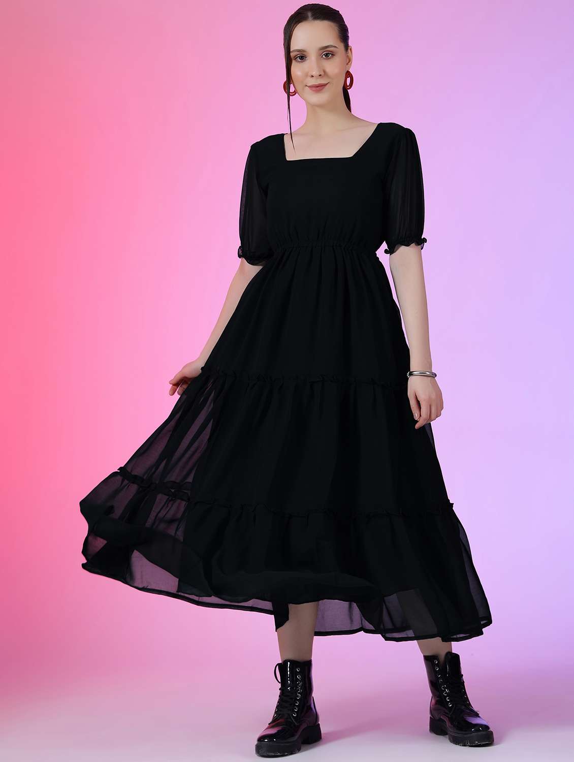 women solid puff sleeve tiered dress